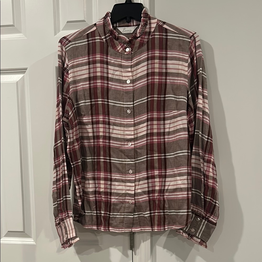 Encore by Idina Menzel Semi-Fitted Ruffle Trimmed Plaid Blouse Wine